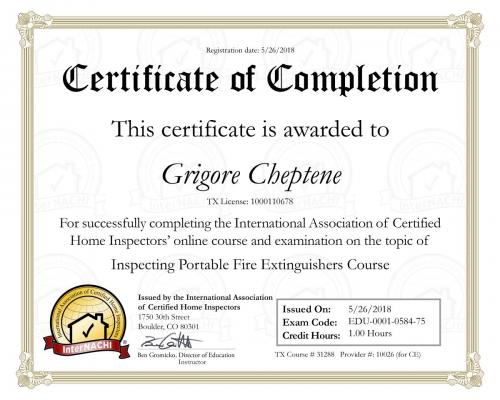 Certificate for Portable Fire Extinguishers Course